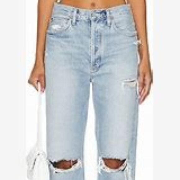 AGOLDE 90'S MIDRISE SIZE 26 MEDIUM COLOR DENIM DISTRESSED AT KNEES AND REAR - Picture 2 of 6